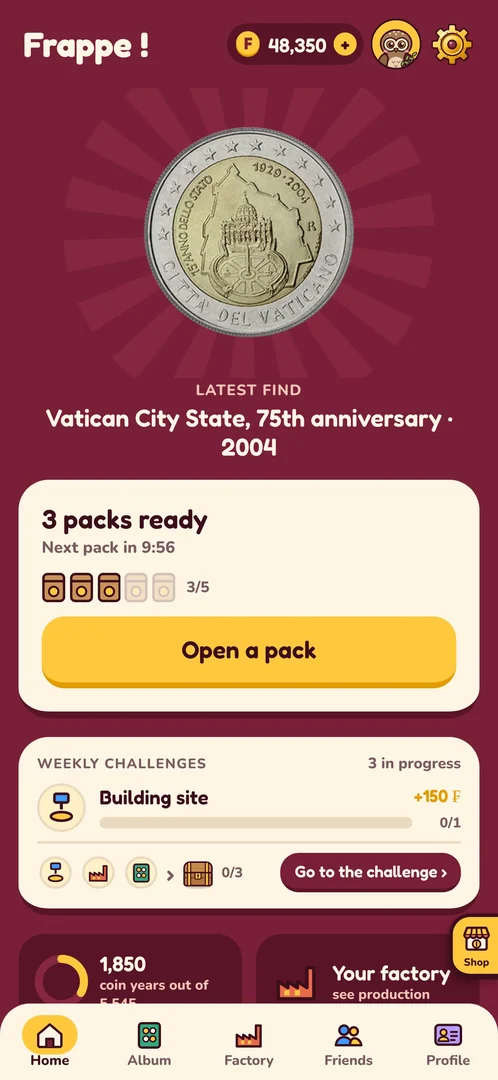 Frappe ! home screen: the latest coin found shown large (Vatican €2, 2004), « 3 packs ready » and the « Open a pack » button