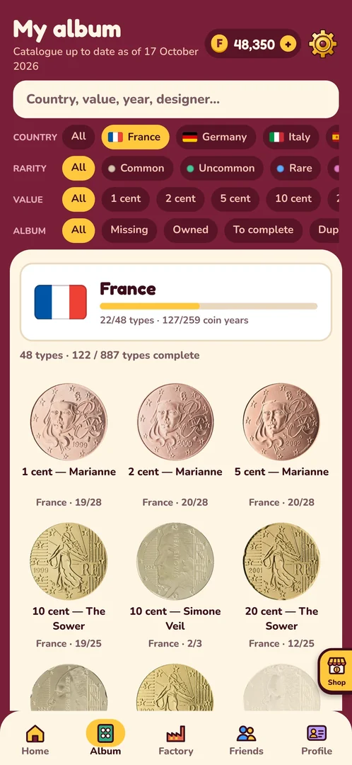 The album, France page: filters by country, rarity and value, then the grid of coins (1, 2 and 5 cent Marianne, 10 and 20 cent The Sower…) with the number of years owned
