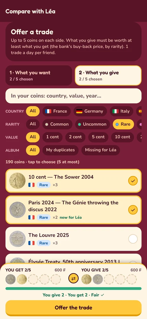 A trade offer to a friend: the coins chosen on each side and the fairness gauge of the trade