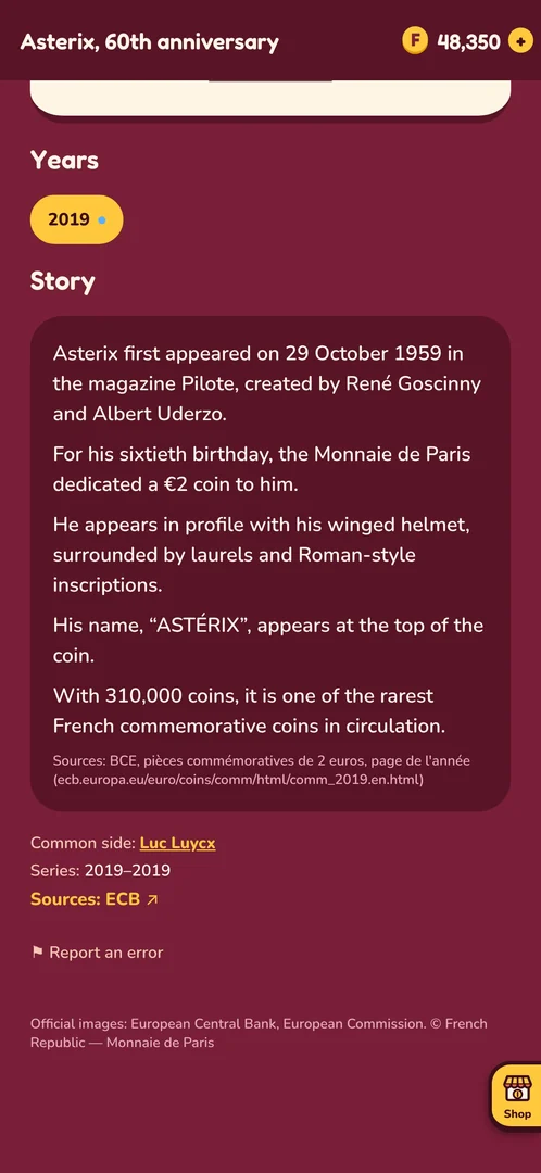 Page of the €2 coin « Asterix, 60th anniversary » (France, 2019): its story in five sentences, its sources (ECB), the designer of the common side and the « Report an error » button