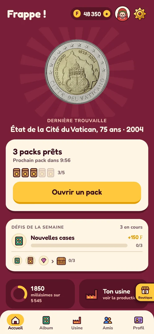 Écran d'accueil de Frappe ! : la dernière pièce trouvée en grand (2 € du Vatican, 2004), « 3 packs prêts » et le bouton « Ouvrir un pack »