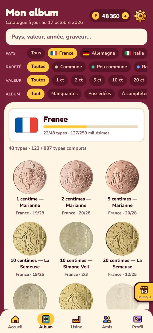 L'album, page France : filtres par pays, rareté et valeur, puis la grille des pièces (1, 2 et 5 centimes Marianne, 10 et 20 centimes La Semeuse…) avec le nombre de millésimes possédés