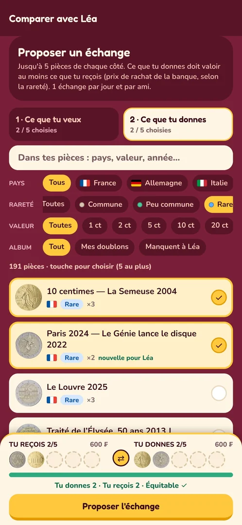 Proposition d'échange avec une amie : les pièces choisies de chaque côté et la jauge d'équité de l'échange