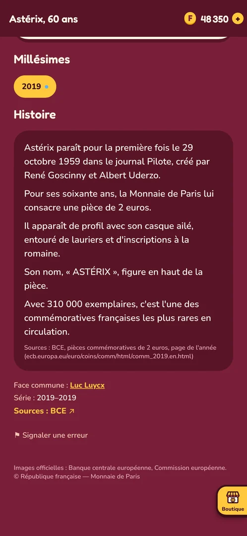 Fiche de la 2 € « Astérix, 60 ans » (France, 2019) : son histoire en cinq phrases, ses sources (BCE), le graveur de la face commune et le bouton « Signaler une erreur »