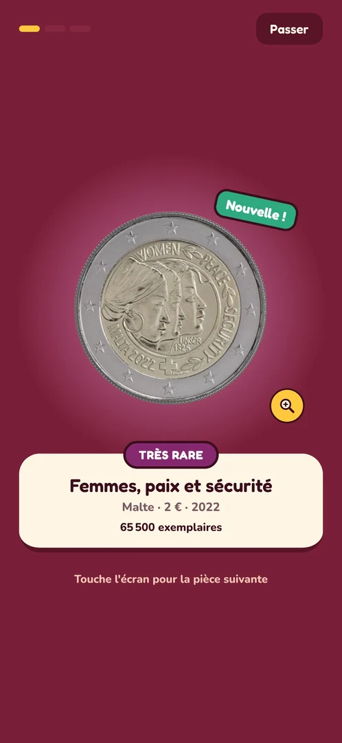 Ouverture d'un pack : une 2 € de Malte « Femmes, paix et sécurité » (2022), très rare, 65 500 exemplaires, marquée « Nouvelle ! »